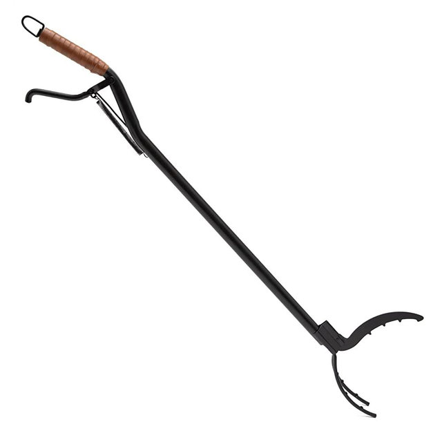 Dragonfire Log Grabber - 40" Long Fire Pit Tong with Durable Steel Shaft, Ergonomic Leatherette Handle, Triple Prong Design, and Heat-Resistant Black Coating