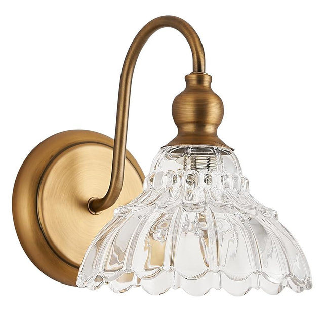TLOLGT Vintage Brass Wall Sconce Bronze Bathroom Wall Light Made of Electroplated Copper Body and Pressed Patterned Glass Retro Vanity Lights for Bedroom, Doorway, Hallway