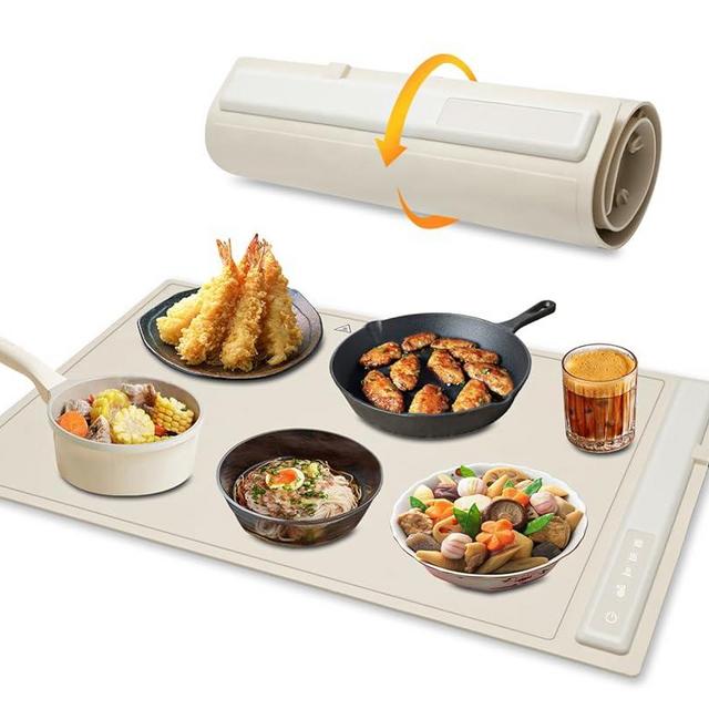 Food Warmer Mat, BRAVESTONE Electric Portable Silicone Warming Plate, Roll Up Heating Tray for Food, 3 Heat Levels, 24x15.7, Cream