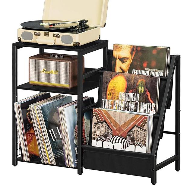 LELELINKY Black End Table,Record Player Stand with Vinyl Storage,3 Tier Side Table with Display Shelf Storage Up to 150 Albums,Industrial Large Record Holder Cabinet for Living Room