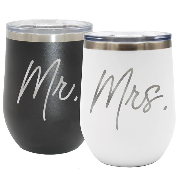 My Personal Memories 12 oz Mr and Mrs Insulated Wine Tumbler Set of 2 (Black, White)