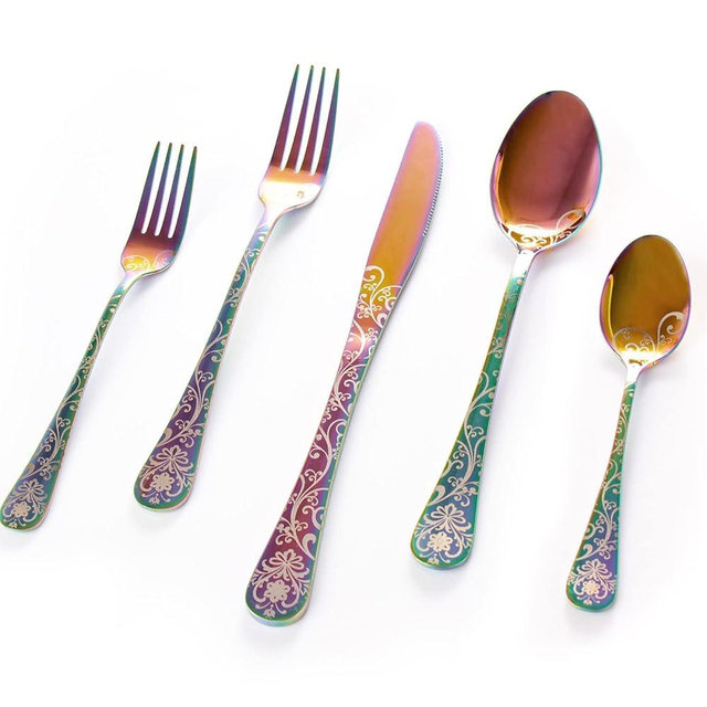 20 Pieces Stainless Steel Flatware Set for 4 People Knives Forks Spoons Set, Scroll Pattern Design, Mirror Polish Colorful Finished and Dishwasher Safe (COLORFUL)
