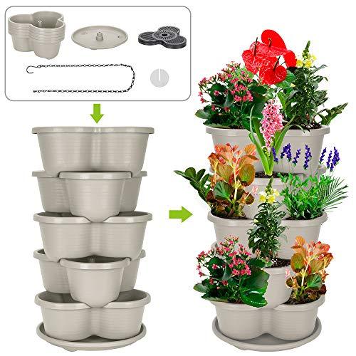 Amazing Creation Stackable Planter Vertical Garden for Growing Strawberries, Herbs, Flowers, Vegetables and Succulents| Indoor/Outdoor 5 Tier Gardening Tower| Hanging Planter (Off-White)