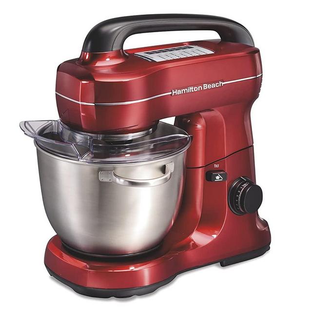Hamilton Beach Electric Stand Mixer, 4 Quarts, Dough Hook, Flat Beater Attachments, Splash Guard 7 Speeds with Whisk, Red