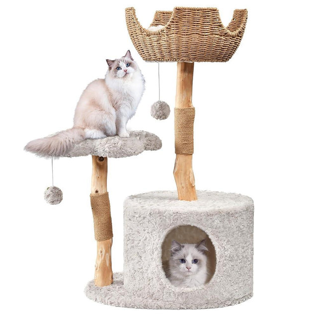 Easyego Modern Cat Tree, 39.9" Aesthetic Wood Cat Tree Tower for Large Cats, Luxury Cat Condo with Scratching Posts and Flower Platforms, Cat Furniture, Bullet Gray