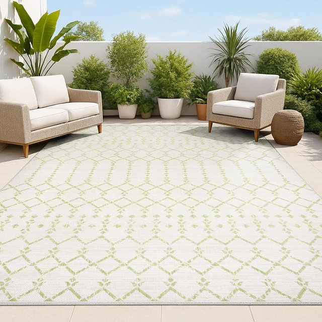 JONATHAN Y Moroccan Geometric Indoor Outdoor Area Rug 5X8 Cream/Green, Ourika Textured Weave for Backyard, Patio, Porch, Easy-Cleaning, High Traffic, Pet-Friendly, Non-Shedding (SMB108M-5)