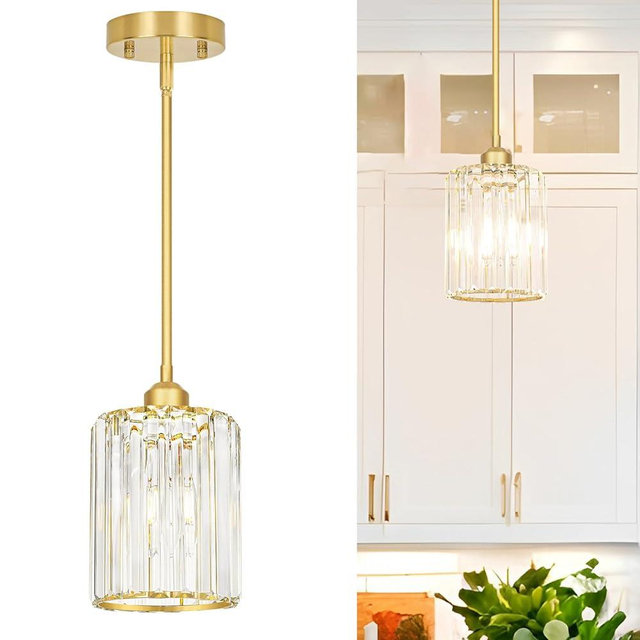 Lxybcce Gold Kitchen Pendant Lights Over Island with Adjustable Rods - Crystal Pendant Lighting Fixtures for Sloped Ceiling, Ideal Over Dining Table or Bar, E26 Bulb Compatible, No Electrician Needed