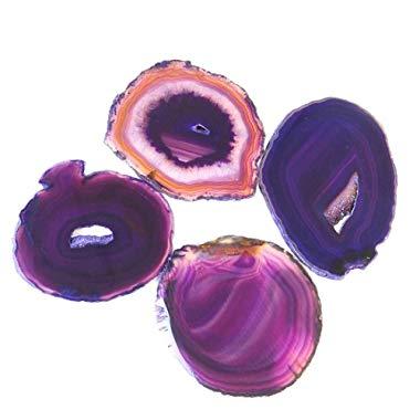 JIC Gem 3-3.5'' Polished Purple Dyed Sliced Brazilian Agate Coasters Natural Geode with Rubber Bumpers Home Decoration Set of 4