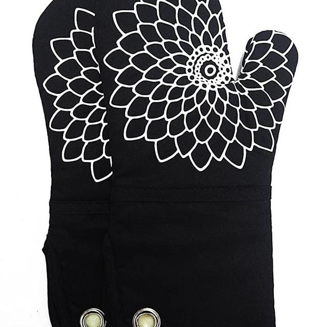 Silicone Printing Oven Mitts/Gloves 1 Pair, Heat Resistant Non-Slip for Home Kitchen Cooking Barbecue Microwave for Women/Men Machine Washable BBQ (Black)