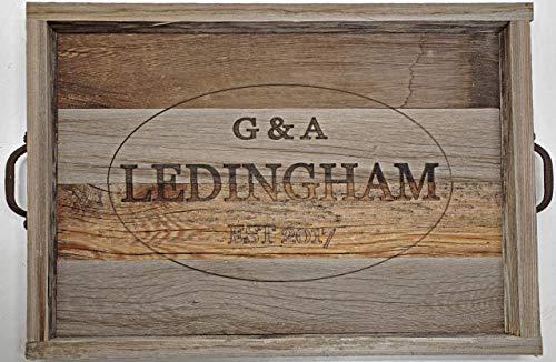 Personalized Wooden Ottoman Tray, Decorative Custom Coffee Tea Cocktail Drinks Serving Tray with Handles, Rustic Table Center Piece, Reclaimed Barn Wood Tray, Wooden Farmhouse Decor, Monogram Est.
