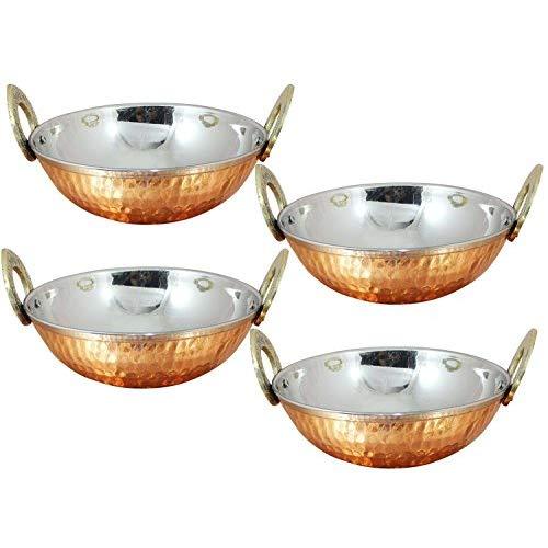 Avs Stores Set of 4, Indian Copper Serveware Karahi Vegetable Dinner Bowl with Solid Brass Handle for Indian Food, Diameter- 13 Cm (5.2 Inches)