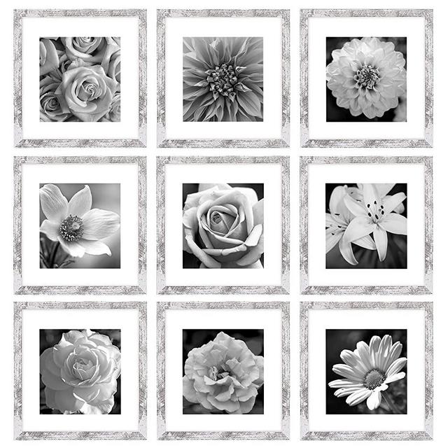 eletecpro 12x12 Picture Frame Set of 9, Wooden Square Frame Displays 8x8 with Mat and 12x12 without Mat for Home Decor, Poster Frame for Wall Hanging, Mounting Hardware Included, Distressed White