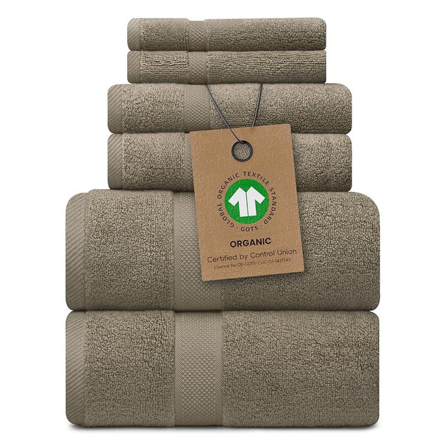 Alusa Home 100% Organic Zero-Twist Cotton Towels - GOTS Certified Luxury Bath Towels - Ultra Soft & Plush 700GSM Long-Staple Cotton - 6 Piece Towel Set (Taupe)