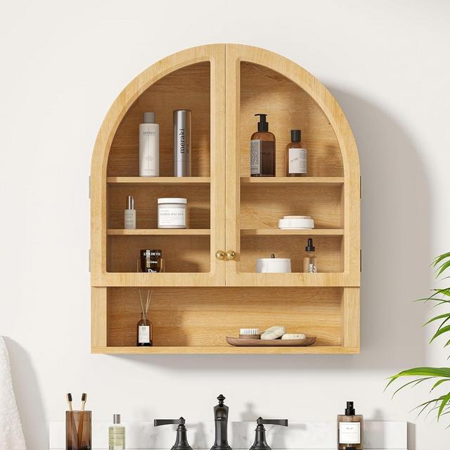 EYYTHUNG Arched Wall Cabinet, Bathroom Medicine Cabinets, Floating Storage Cabinet with Acrylic Door and Open Shelf, Wall Mounted Storage Organizer for Bathroom, Laundry Room, Natural Oak
