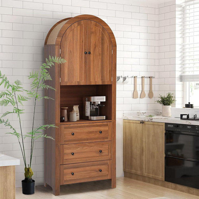 Bifins 71” Tall Arched Storage Cabinet with Drawer,Farmhouse Arched Bookcase with Door,Freestanding Arch Tall Pantry with Countertop for Kitchen Living Room (Walnut, 71inch)