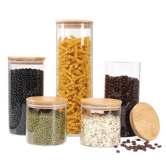 Yuncang Glass Jar with Lid Set of 5,Stackable Kitchen Canisters Set,5 Pack Clear Glass Food Storage Jars Container with Airtight Bamboo Lid for Candy,Cookie,Rice,Sugar,Flour,Pasta,Nuts