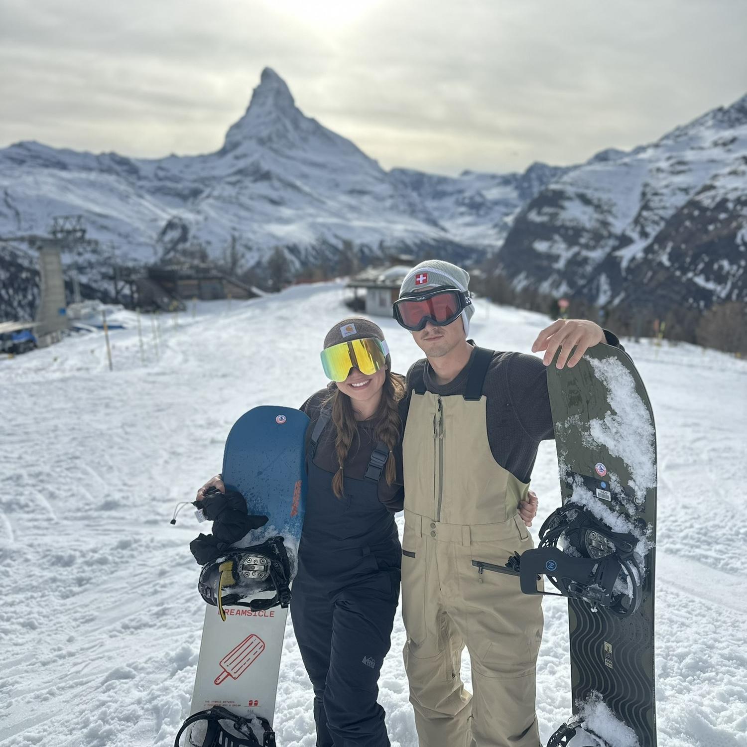 Snowboarding in Zurich, Switzerland with the Matterhorn behind us!
