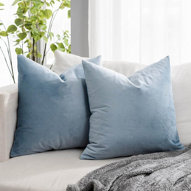 QUAFOO 24x24 Velvet Square Pillow Covers Set of 2 for Sofa Couch Bed,Luxury Soft Light Blue Throw Pillow Cover with Zipper