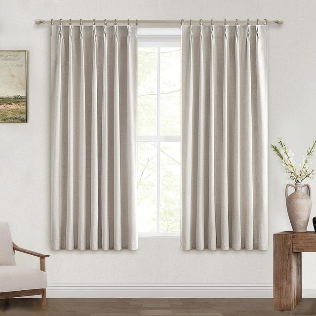QJmydeco Short Black Out Curtains 56 Inch Long for Bedroom 54 Inch Length Window Treatments, Blackout Linen Boho Pinch Pleated Kitchen Thermal Drapes for Summer Heat Living/Bathroom (40"x56"2 Panels)