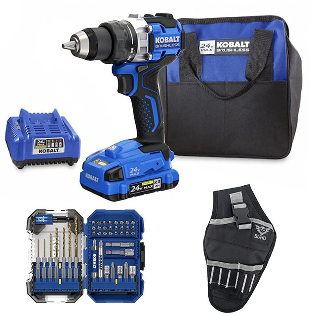 Kobalt Drill Set Bundle with Drill, Battery, Charger, Tool Bag, Multipurpose Drill Bit Set and Buho Drill Holster, 24-volt Max 1/2-inch Metal Ratcheting Brushless Cordless Drill
