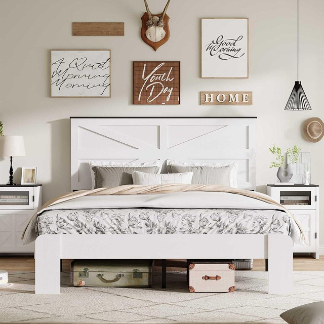 PAUKIN Queen Size Farmhouse Wooden Bed Frame with Headboard, Boho Platform Bedframe Sturdy Metal Slats Support, Spring Needed, Noisy Free, Easy Assembly (Queen, White)
