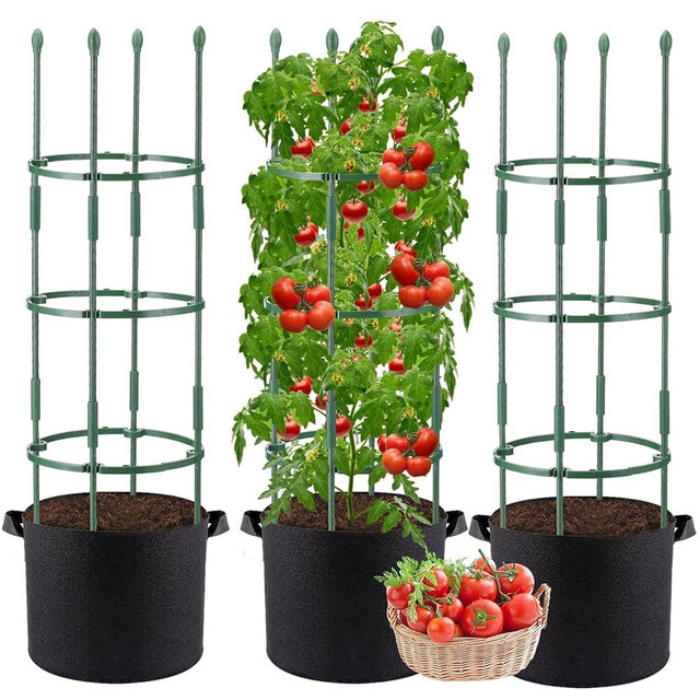 3 Sets Sturdy Tomato Cage with 10 Gal Grow Bags - 48.5" Plants Garden Trellis Planter Kit, Support for Indoor Outdoor Beans, Peppers, Cucumbers, Eggplants, Climbing Vegetable
