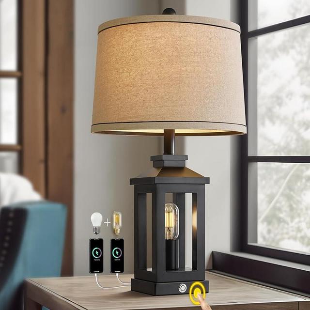 G-SAFAVA 23.75" Retro Farmhouse Black Table Lamp for Living Room Bedroom Nightstand Single Pack Touch Control Bedside Nightlight Vintage Modern Lamp with USB C+A Ports and 2 Light Sources