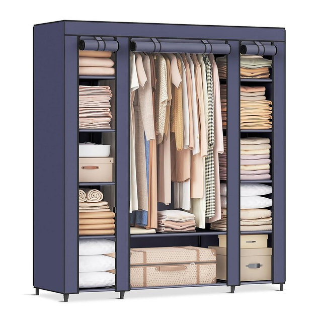 SONGMICS Closet Wardrobe, Portable Closet for Bedroom, Clothes Rail with Non-Woven Fabric Cover, Clothes Storage Organizer, 59 x 17.7 x 69 Inches, 12 Compartments, Dark Blue ULSF003I02