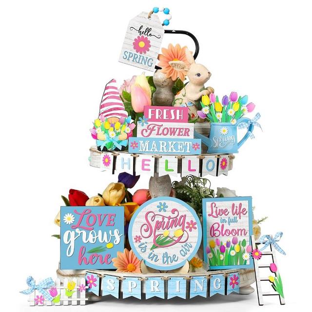 Bucherry 24 Pcs Hello Spring Flower Tiered Tray Decor Sets Tulip Dwarf Fence Wooden Ladder Flowers Decorations Table Wooden Sign Tabletop Rustic Tiered Tray Decor for Holiday Party Home Kitchen Shelf
