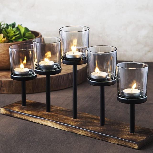 Le'raze Elegant Decorative Votive Candle Holder Centerpiece, 5 Glass Votive Cups On Wood Base/Tray for Wedding, Decoration, Dining Table.