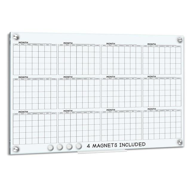 Magnetic 24”x36” Glass Whiteboard Yearly Calendar Planner White Board Calendar Dry Erase Board Dry Erase Calendar for Wall Monthly Glass Calendar Whiteboard Home Office Large Wall Calendar 2024