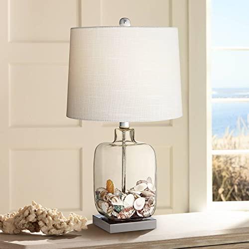 Coastal Accent Table Lamp Clear Glass Fillable Sea Shells White Drum Shade for Living Room Family Bedroom Bedside - 360 Lighting