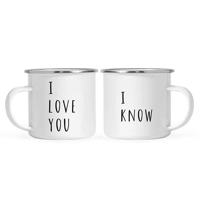 Andaz Press Stainless Steel Campfire Coffee Mugs Gift Set, I Love You., I Know., 2-Pack, Funny Cute Couple Gift Ideas, Metal Enamel Campfire Camp Cup, includes gift box