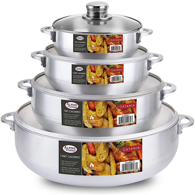 Alpine Cuisine 8pc Set Aluminum Caldero Stock Pot with Glass Lid, Cooking Dutch Oven Performance for Even Heat Distribution, Perfect for Serving Large & Small Groups, Riveted Handles Commercial Grade