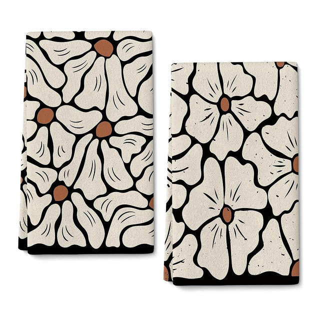 Verdiqor ﻿Black Geometric Kitchen Towels Set of 2, Boho Floral Dish Towel Decorative, Cute Beige Hand & Tea Towels for Kitchen Drying, Housewarming Botanical Towel Decor Gifts for Women