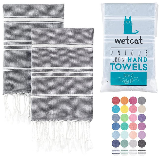 WETCAT Turkish Hand Towels with Hanging Loop (20 x 30) - Set of 2, 100% Cotton, Soft - Prewashed Farmhouse Boho Hand Towels for Bathroom - Unique Dark Gray Kitchen Towels Decorative Set