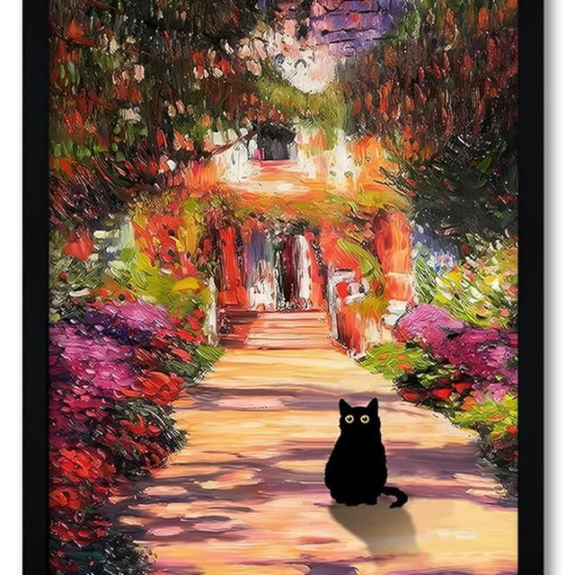 Krtoni Framed Vintage Monet Garden Cat Canvas Wall Art, Famous Oil Paintings Monet Flowers Black Cat Wall Decor, Cute Kitten Lovers Aesthetic Print For Farmhouse Gallery Bedroom Bathroom 10''L x 8''W