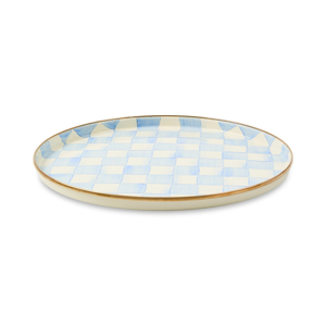 MACKENZIE-CHILDS Enamel Round Tray, Decorative Serving Platter for Food and Drinks, Light-Blue-and-White Sky Check