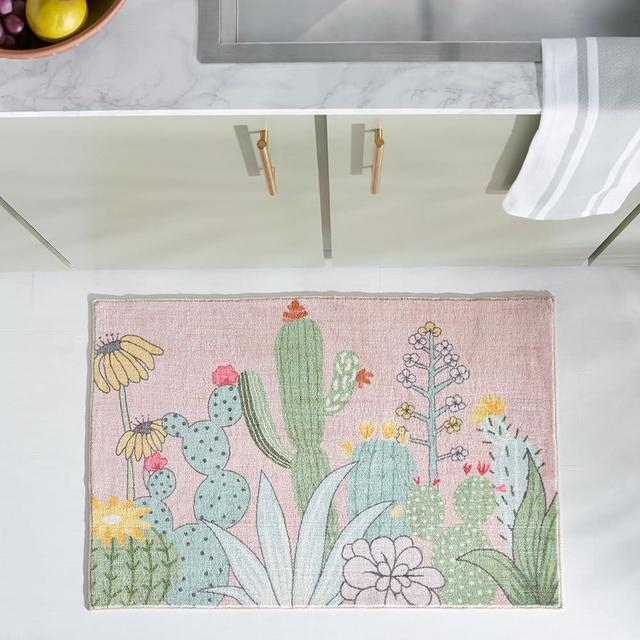 SAFAVIEH Door and Kitchen Mat Collection Accent Rug - 2'3" x 3'9", Pink & Green, Floral Succulent Kitchen Design, Non-Shedding Machine Washable & Slip Resistant Ideal for High Traffic Areas (DKM373U)