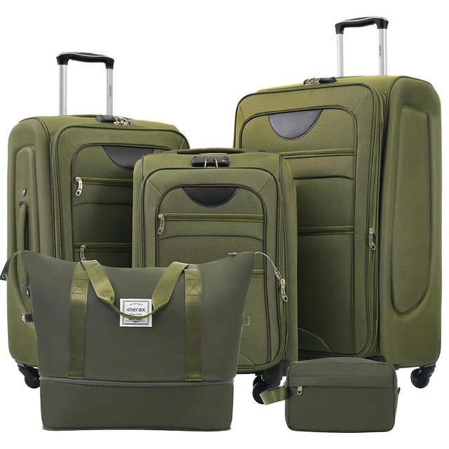 Merax Softside Luggage Set Softshell Lightweight 3 Piece Spinner Suitcase with Duffel Bag Expandable Upright Travel Luggage 22" 26" 30",Army Green