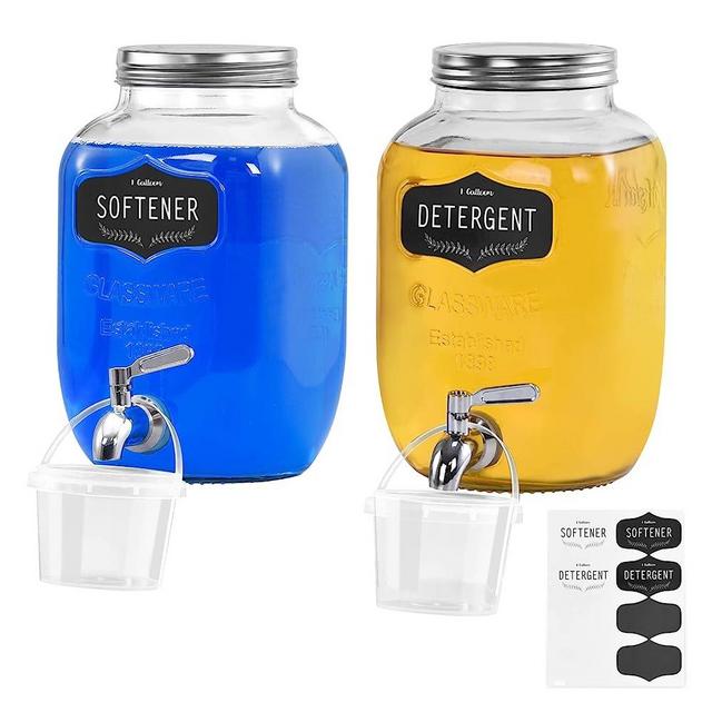2 Packs Laundry Detergent Dispenser,1 Gallon Glass Jars with Stainless-Steel Tap, Waterproof Labels for Laundry Dispenser, Liquid Detergent, Fabric Softener