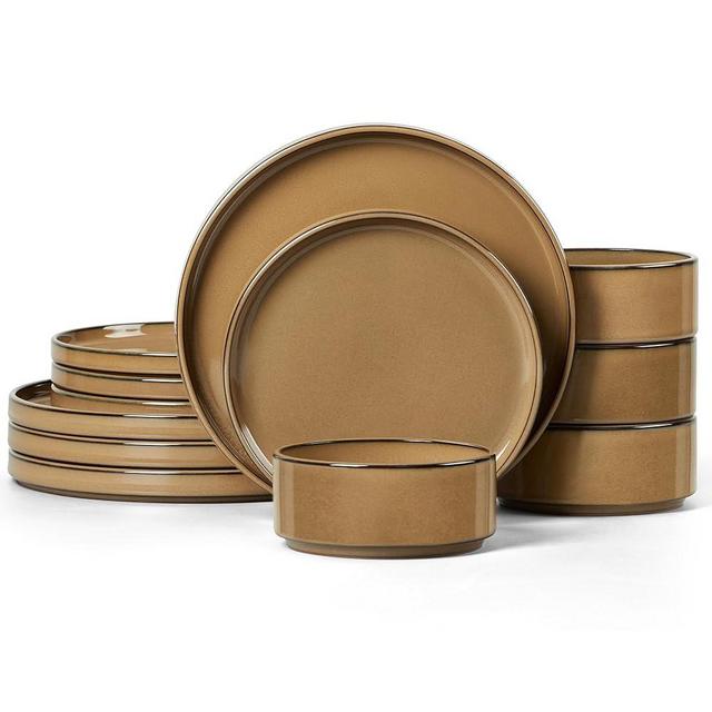 LIANYU Dinnerware Plates and Bowls Sets for 4, 12 Piece Modern Stoneware Dishes Set, Elegant Ceramic Dining Dishware for Dinner, Rustic Terracotta Bottom, Microwave & Dishwasher Safe, Amber Gold
