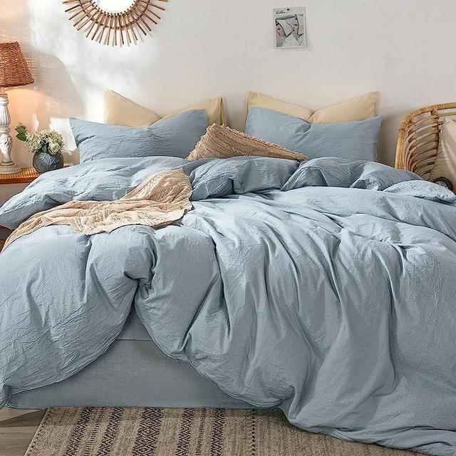 MooMee Bedding Duvet Cover Set 100% Washed Cotton Linen Like Textured Breathable Durable Soft Comfy (Cornflower Blue, Oversized King)
