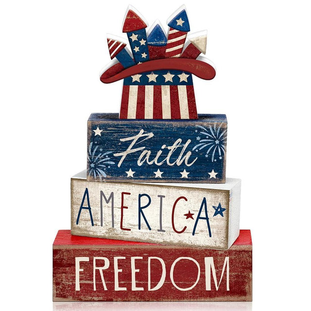 4 Pcs 4th of July Decorations Patriotic Memorial Day Tabletop Decorations Red White Blue Table Centerpieces Wood Block God Bless Sign for Office Tiered Tray Home Shelf Mantel(Independence Day Hat)