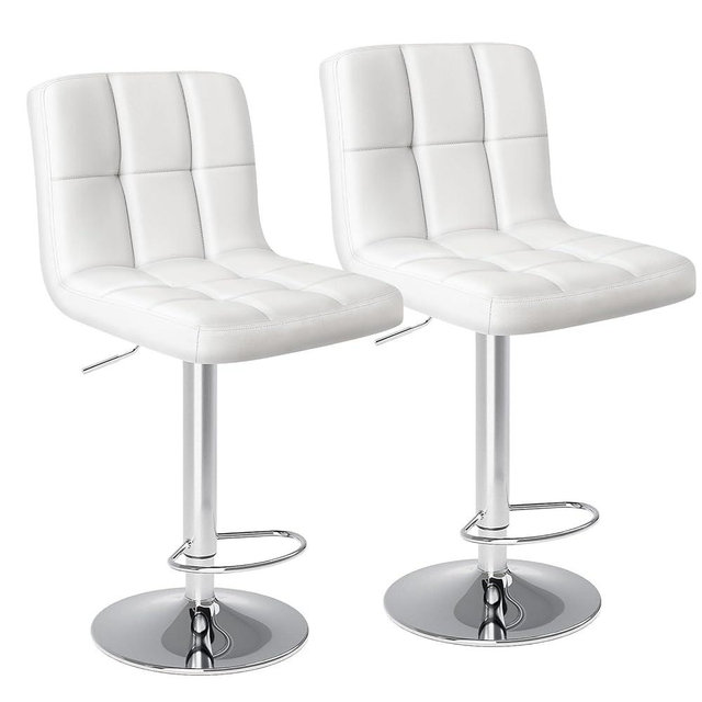 DUMOS Bar Stools Set of 2, Armless Adjustable Swivel Barstools, PU Leather Hydraulic Kitchen Counter Height Bar Stools, Thickened Seat Cushion Square Island Barstools with Back, Light White