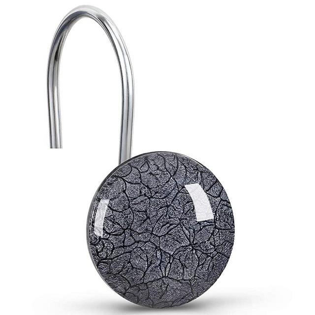 CHICTIE Black Shower Curtain Hooks Rings,Set of 12 Marble Crack Decorative Shower Curtain Hooks,Anti-Rust Shower Rings for Bathroom Curtains Rods (Black-Grey)