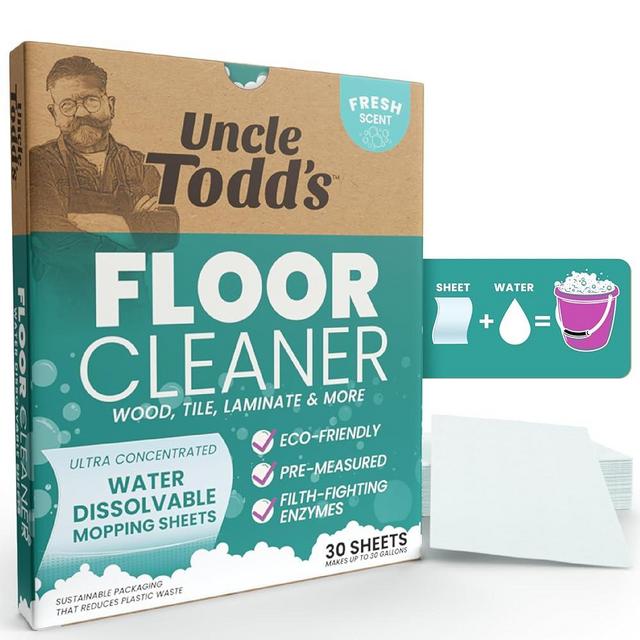 Uncle Todd's Ultra Concentrated Floor Cleaner: 30 Planet-Friendly 100% Dissolvable Sheets, Filth-Fighting Enzymes, Plastic-Free Packaging. Just Drop & Mop!