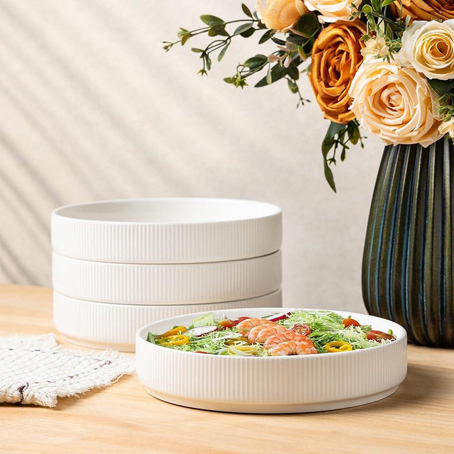 theterra 7.5'' Ceramic Pasta Bowls, Salad Bowls Set of 4, Stoneware Serving Bowls for Fruits, Noodle, Dinner, House-warming Wedding Present, Bright White