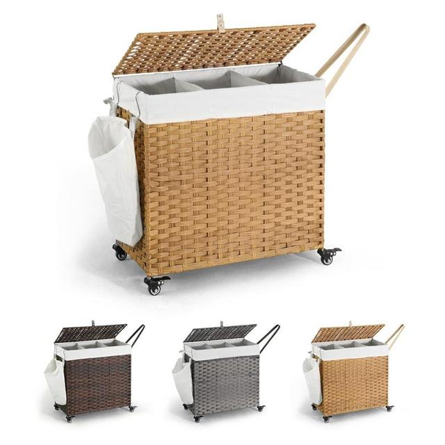CAPHAUS Laundry Basket w/Wheels, Synthetic Rattan Laundry Hamper w/Lid, Removable Liner Bags, Mesh Bags, Pulling Strap, Clothes Hamper for Laundry, Basket w/Lid for Storage, 140L, Natural
