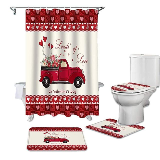 Valentine's Luxury Shower Curtain Set 4 Pcs for Bathroom,Happy Valentine's Day Red Rose Truck Love Durable Waterproof Bath Curtains with Non-Slip Bath Rug Mat,Toilet Lid Cover & Contour Mat